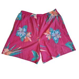 Vintage Tropical Floral Swim Trunks Pink Teal Hibiscus Print Shorts Mens XL